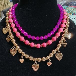 Lily Pulitzer Gold and Pink Heart Charm SET Necklace, Bracelet and Earrings